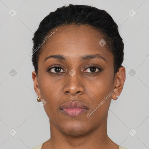 Neutral black young-adult female with short  black hair and brown eyes