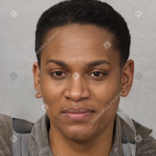 Joyful black young-adult female with short  black hair and brown eyes