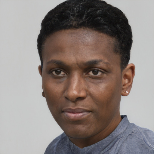 Neutral black young-adult male with short  black hair and brown eyes