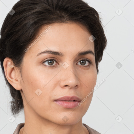 Neutral white young-adult female with short  brown hair and brown eyes