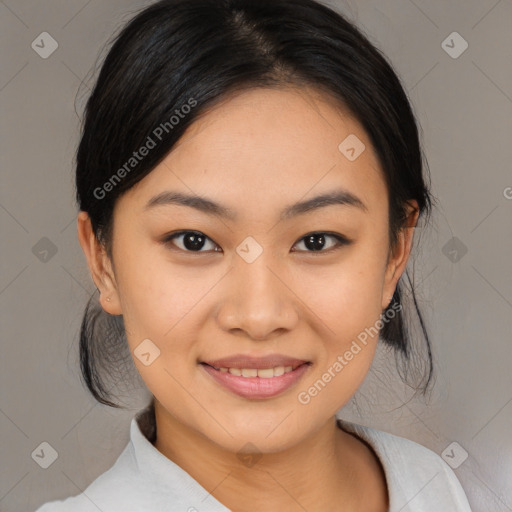 Joyful white young-adult female with medium  black hair and brown eyes