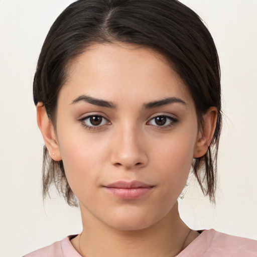 Neutral white young-adult female with medium  brown hair and brown eyes