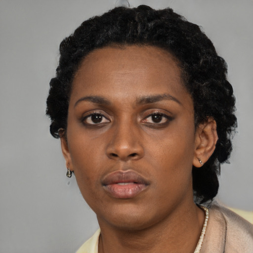 Neutral black young-adult female with short  black hair and brown eyes