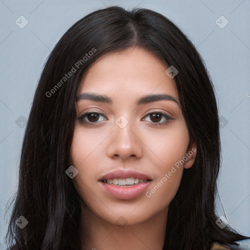 Joyful white young-adult female with long  black hair and brown eyes