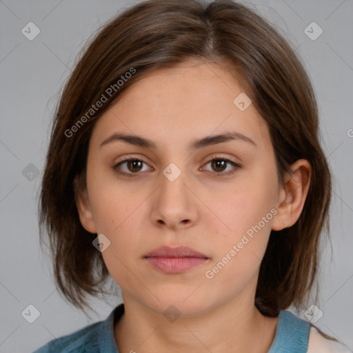 Neutral white young-adult female with medium  brown hair and brown eyes