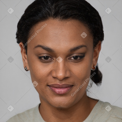 Joyful black young-adult female with short  brown hair and brown eyes