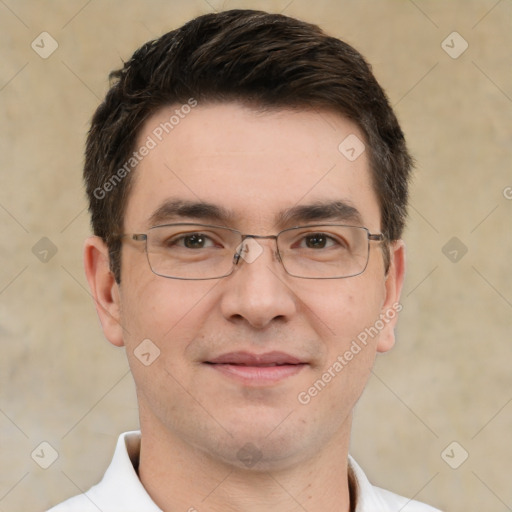 Joyful white adult male with short  brown hair and brown eyes