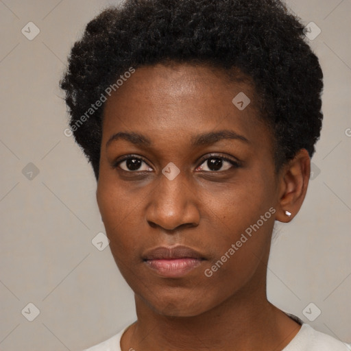 Neutral black young-adult female with short  black hair and brown eyes