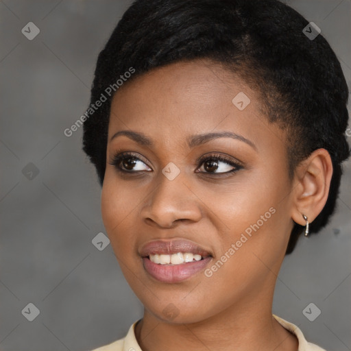 Joyful latino young-adult female with short  black hair and brown eyes