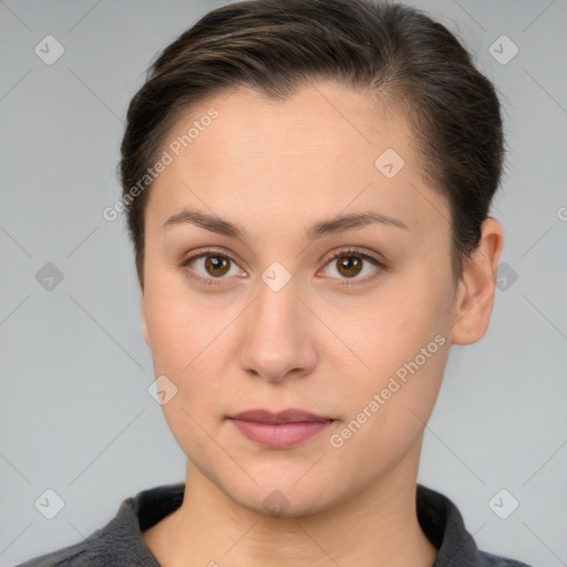 Neutral white young-adult female with short  brown hair and brown eyes