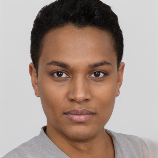 Neutral black young-adult female with short  black hair and brown eyes