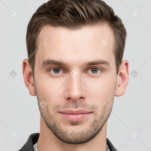 Neutral white young-adult male with short  brown hair and grey eyes