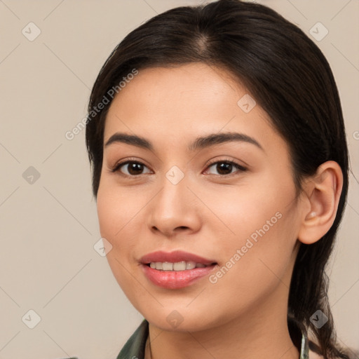 Joyful white young-adult female with long  brown hair and brown eyes