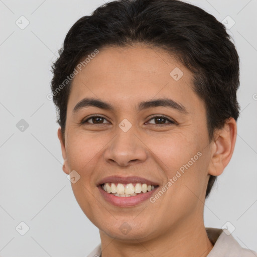 Joyful white young-adult female with short  brown hair and brown eyes