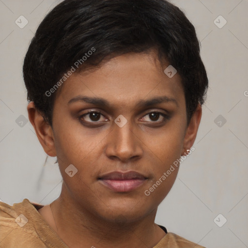 Neutral black young-adult female with short  brown hair and brown eyes