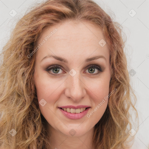 Joyful white young-adult female with long  brown hair and green eyes