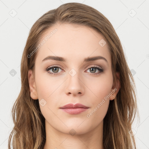 Neutral white young-adult female with long  brown hair and brown eyes