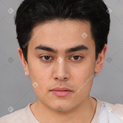 Neutral asian young-adult male with short  brown hair and brown eyes