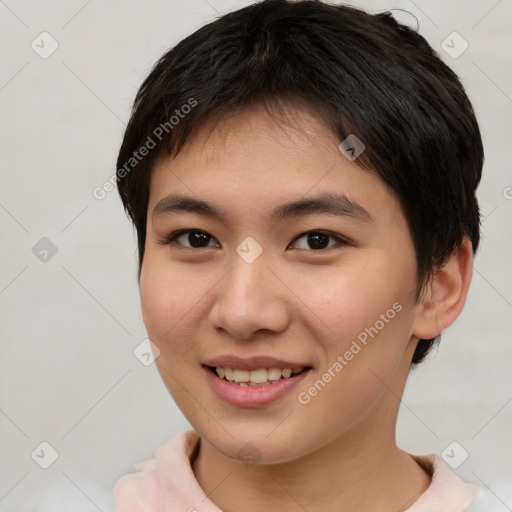 Joyful asian young-adult female with short  brown hair and brown eyes