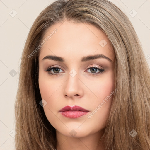 Neutral white young-adult female with long  brown hair and brown eyes