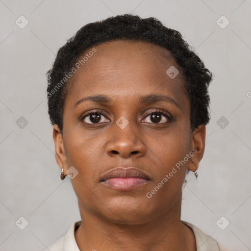 Neutral black young-adult female with short  brown hair and brown eyes