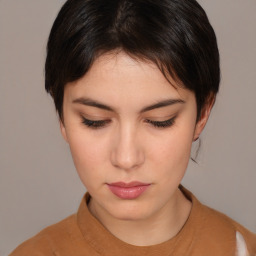 Neutral white young-adult female with medium  brown hair and brown eyes