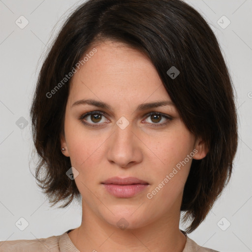 Neutral white young-adult female with medium  brown hair and brown eyes