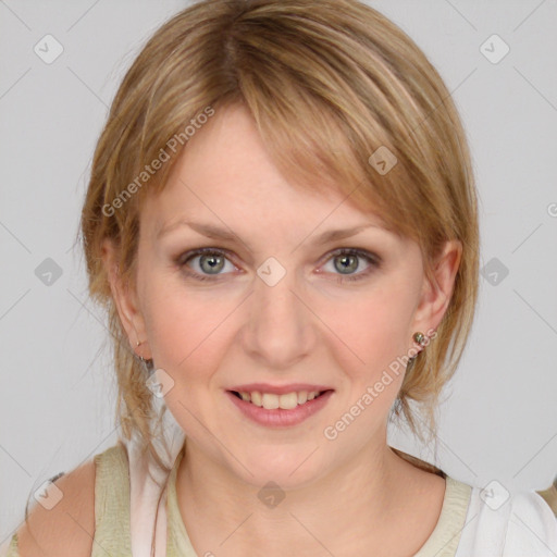 Joyful white young-adult female with medium  brown hair and blue eyes