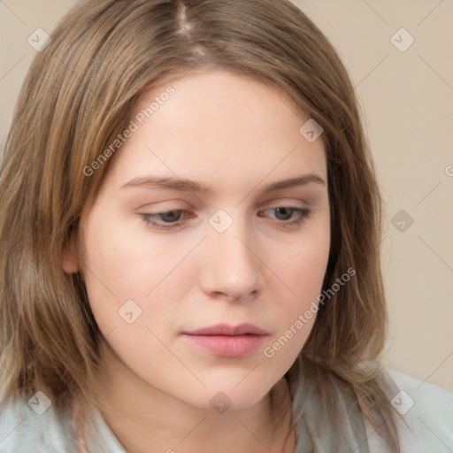 Neutral white young-adult female with medium  brown hair and brown eyes