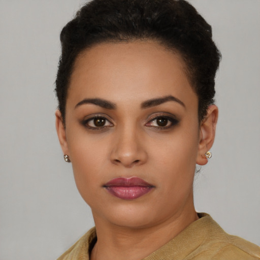 Neutral latino young-adult female with short  black hair and brown eyes