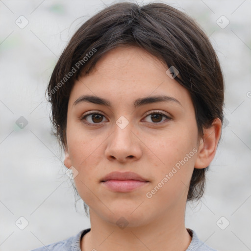 Neutral white young-adult female with medium  brown hair and brown eyes