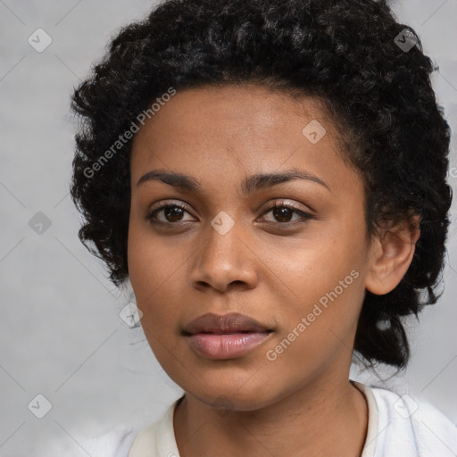 Neutral black young-adult female with short  black hair and brown eyes