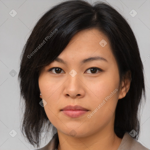 Neutral asian young-adult female with medium  black hair and brown eyes