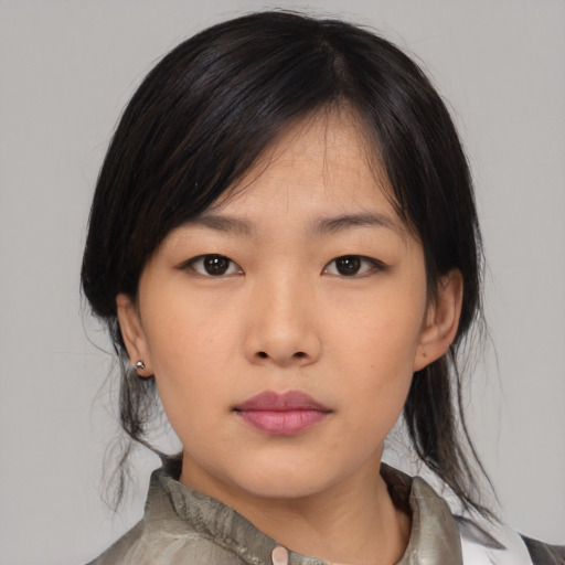 Neutral asian young-adult female with medium  black hair and brown eyes
