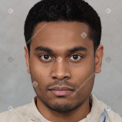 Neutral latino young-adult male with short  black hair and brown eyes