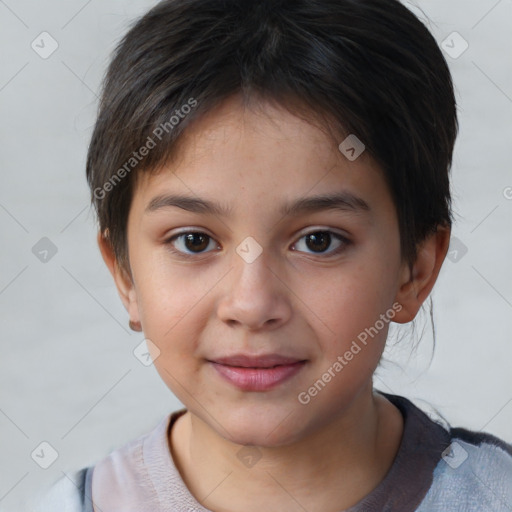 Joyful white child female with short  brown hair and brown eyes