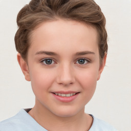 Joyful white child female with short  brown hair and brown eyes