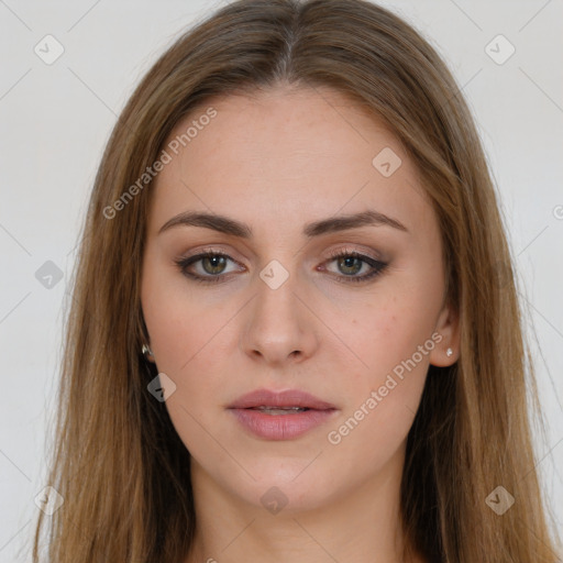 Neutral white young-adult female with long  brown hair and brown eyes