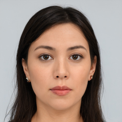 Neutral asian young-adult female with long  brown hair and brown eyes