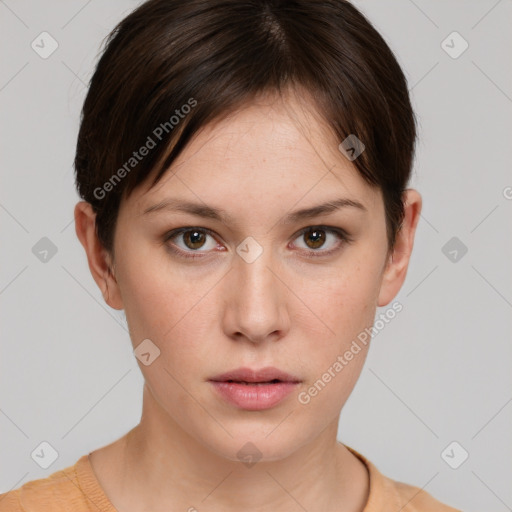 Neutral white young-adult female with short  brown hair and brown eyes