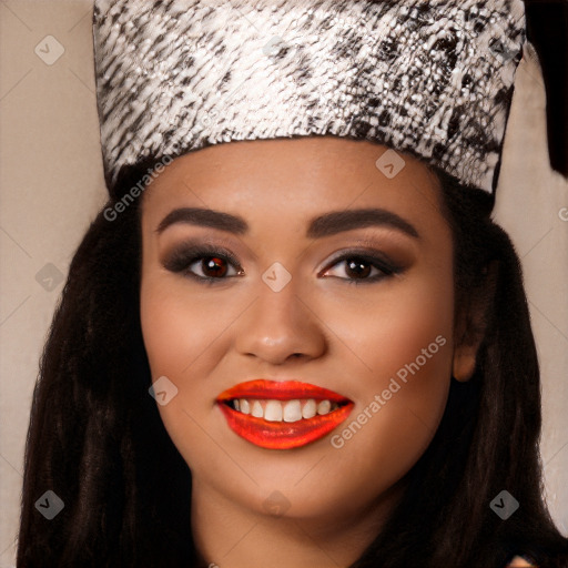 Joyful white young-adult female with long  black hair and brown eyes