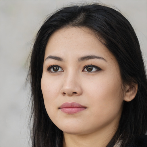Neutral asian young-adult female with long  brown hair and brown eyes
