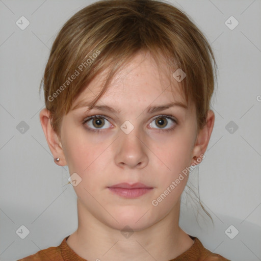 Neutral white young-adult female with medium  brown hair and grey eyes