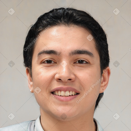 Joyful white young-adult male with short  black hair and brown eyes