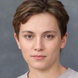 Neutral white young-adult female with short  brown hair and grey eyes