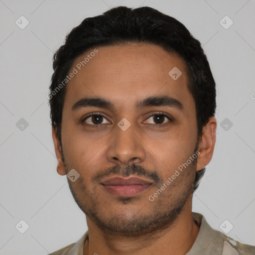Neutral latino young-adult male with short  black hair and brown eyes