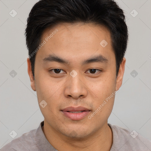 Neutral asian young-adult male with short  black hair and brown eyes