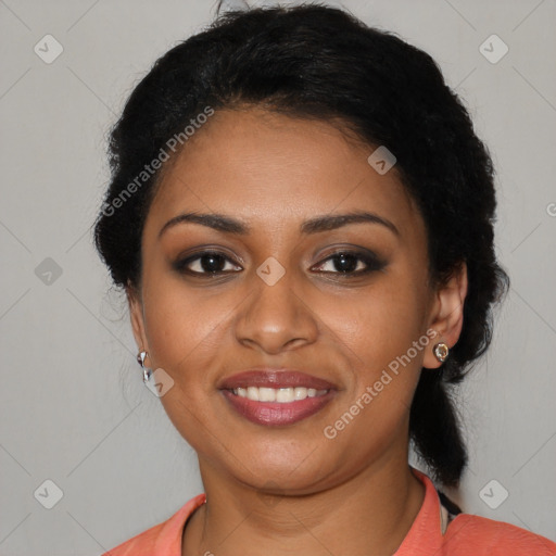Joyful black young-adult female with medium  black hair and brown eyes