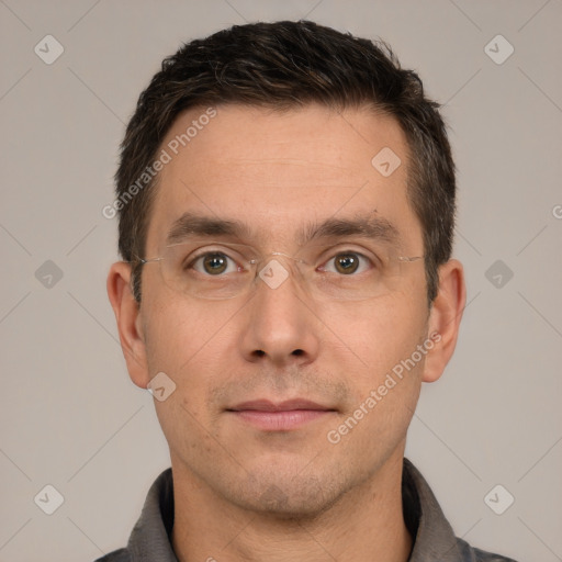 Neutral white adult male with short  brown hair and brown eyes