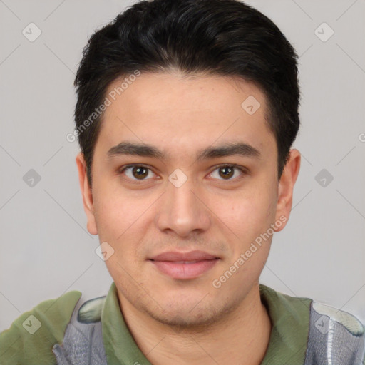 Joyful asian young-adult male with short  black hair and brown eyes